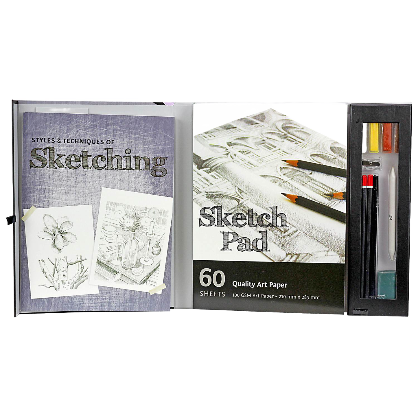 Open sketching set featuring an instruction book on sketching styles and techniques, a 60-sheet sketch pad with quality art paper, and drawing tools, ideal for children's arts and crafts, best sellers in Toys, Books & Games.