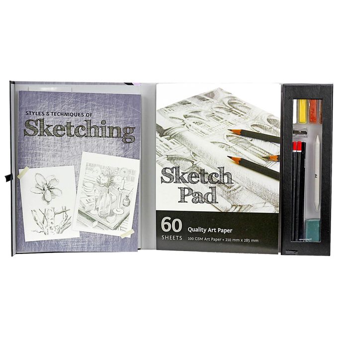 Open sketching set featuring an instruction book on sketching styles and techniques, a 60-sheet sketch pad with quality art paper, and drawing tools, ideal for children's arts and crafts, best sellers in Toys, Books & Games.