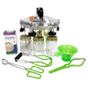 Handcrafted pressure canner kit made in USA with aluminum canner, green jar lifters and funnel, three glass jars with metal lids, and box of sealing bands, ideal for Kitchen & Food and Canning collections.