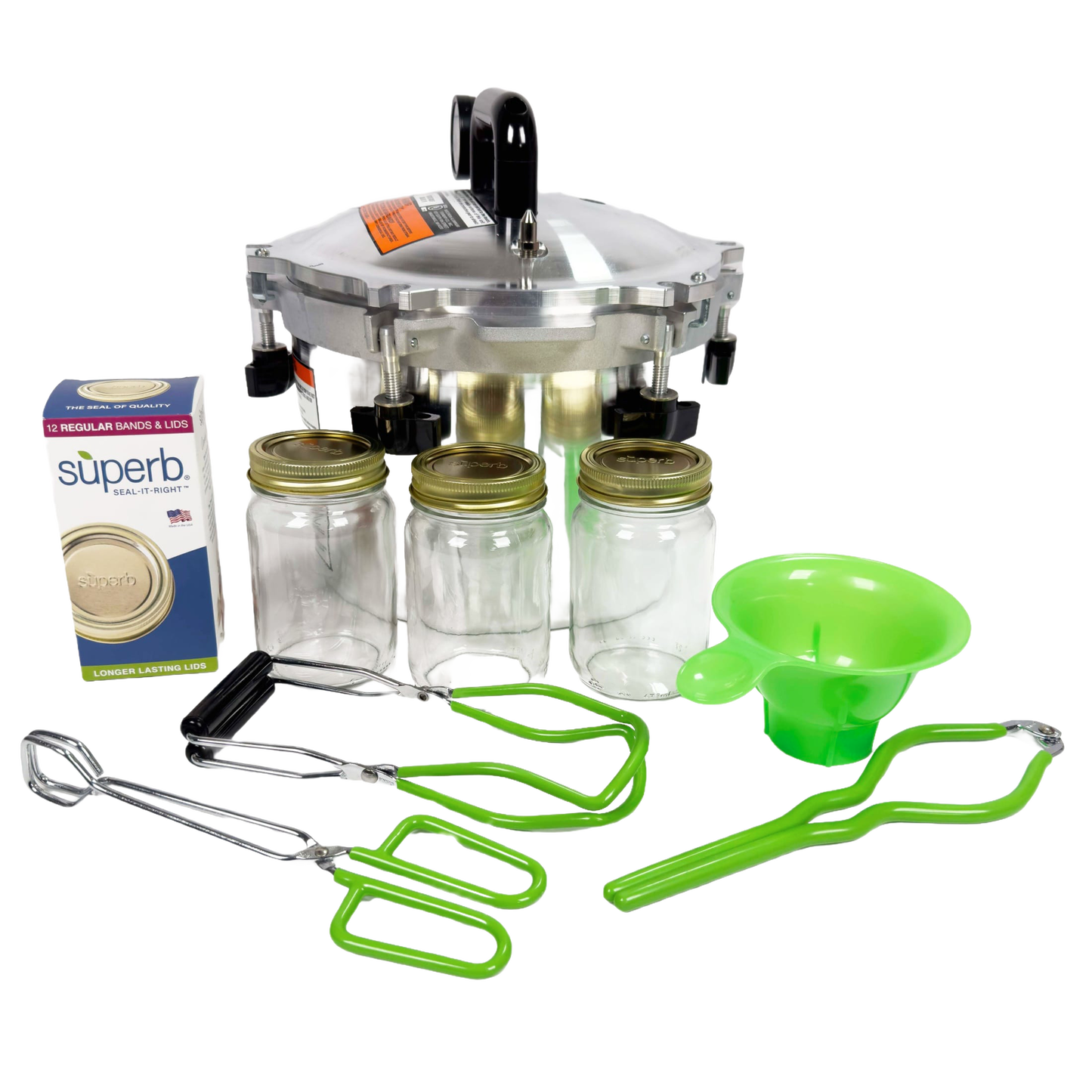 Handcrafted pressure canner kit made in USA with aluminum canner, green jar lifters and funnel, three glass jars with metal lids, and box of sealing bands, ideal for Kitchen & Food and Canning collections.
