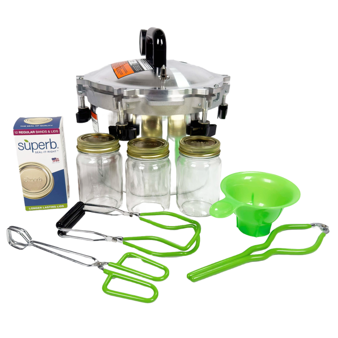 Handcrafted pressure canner kit made in USA with aluminum canner, green jar lifters and funnel, three glass jars with metal lids, and box of sealing bands, ideal for Kitchen & Food and Canning collections.