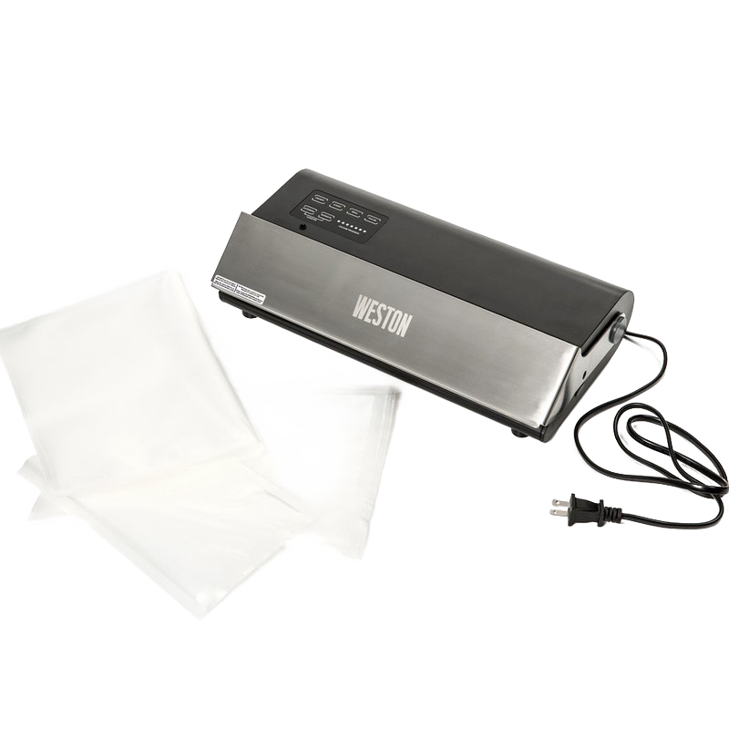 Professional-grade electric vacuum sealer in stainless steel and black finish with included sealing bags and power cord, designed for Kitchen & Food, Food Preservation, Freezing, and Best Sellers collections.