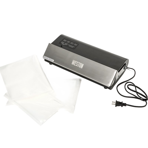 Professional-grade electric vacuum sealer in stainless steel and black finish with included sealing bags and power cord, designed for Kitchen & Food, Food Preservation, Freezing, and Best Sellers collections.