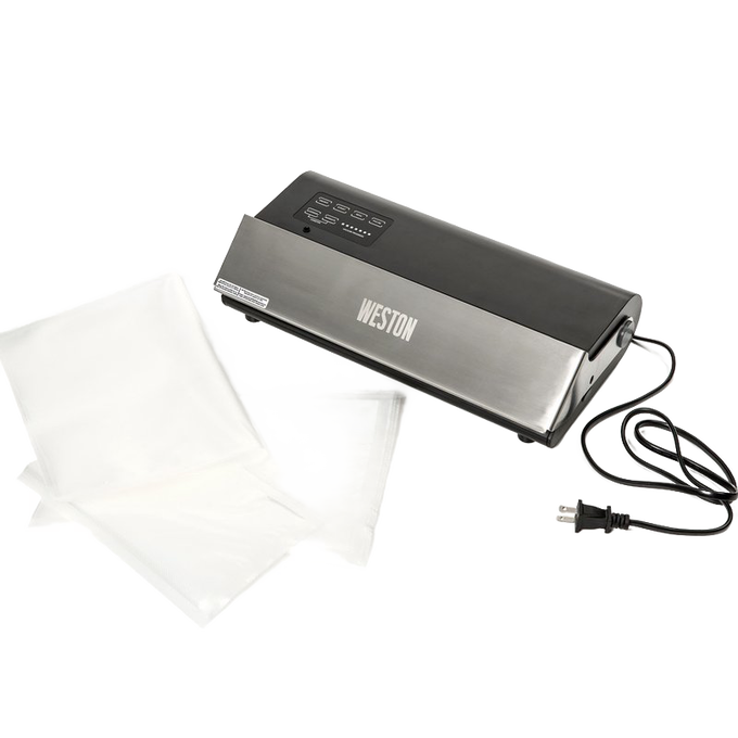 Professional-grade electric vacuum sealer in stainless steel and black finish with included sealing bags and power cord, designed for Kitchen & Food, Food Preservation, Freezing, and Best Sellers collections.