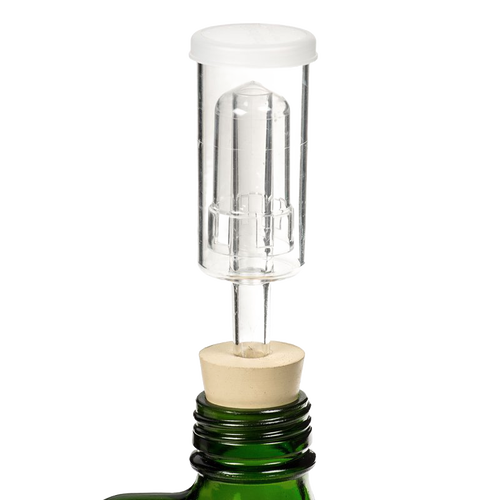 Clear 3-piece airlock and beige stopper securely fitted into a green bottle neck, designed for fermenting larger batches, featured in Kitchen & Food, Food Preservation, and Fermenting collections.