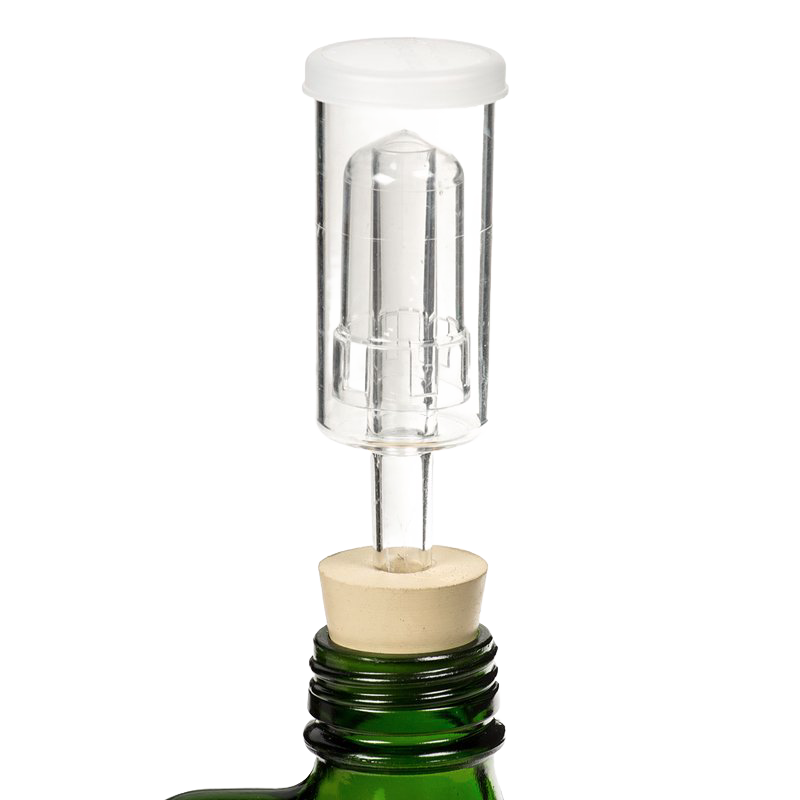 Clear 3-piece airlock and beige stopper securely fitted into a green bottle neck, designed for fermenting larger batches, featured in Kitchen & Food, Food Preservation, and Fermenting collections.