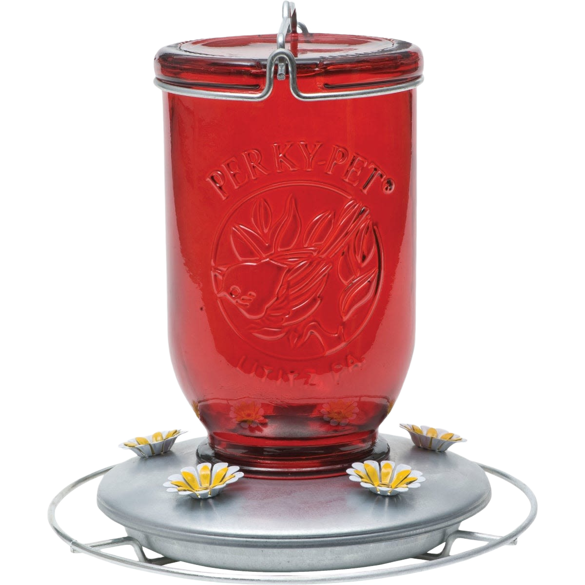 Tinted red glass hummingbird feeder with a metal base featuring flower-shaped feeding ports and a wire hanger, ideal for Farm, Garden & Tool, Animal Care, Best Sellers, and Promo Eligible collections.