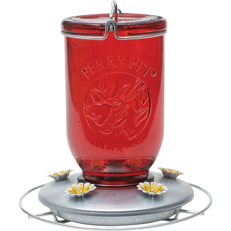 Tinted red glass hummingbird feeder with a metal base featuring flower-shaped feeding ports and a wire hanger, ideal for Farm, Garden & Tool, Animal Care, Best Sellers, and Promo Eligible collections.