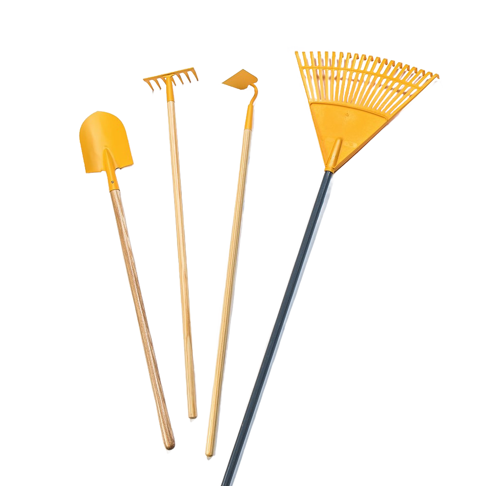 Set of durable real gardening tools for children with wooden handles and yellow metal heads, including a shovel, rake, and hoe, designed for outdoor play, Toys, Books & Games, and Best Sellers collections.