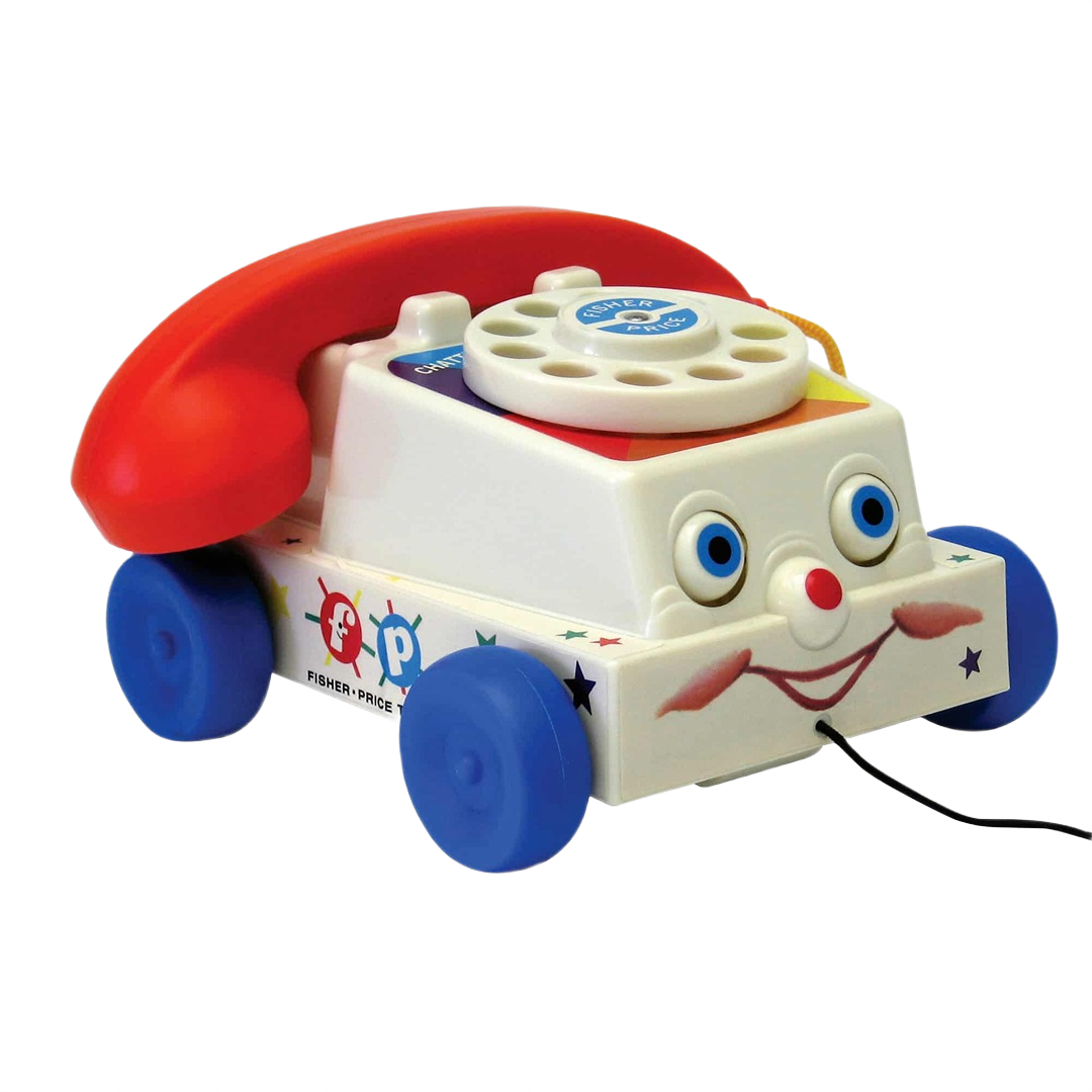 Vintage-style plastic pull-along toy telephone with rotating dial, moving eyes, and cheerful face, ideal for Toys, Books & Games, Children's Toys, and Indoor Play collections.
