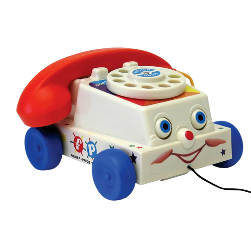 Vintage-style plastic pull-along toy telephone with rotating dial, moving eyes, and cheerful face, ideal for Toys, Books & Games, Children's Toys, and Indoor Play collections.