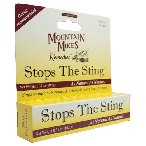 Box of natural insect bite and sting relief ointment in yellow and white packaging, promoted for soothing irritation and itching, part of Health & Wellness and USA Made collections.