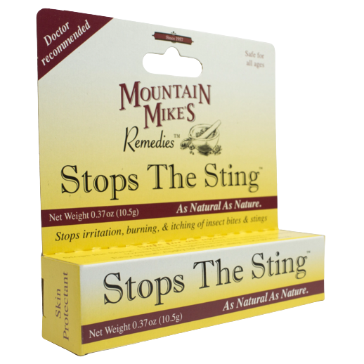 Box of natural insect bite and sting relief ointment in yellow and white packaging, promoted for soothing irritation and itching, part of Health & Wellness and USA Made collections.