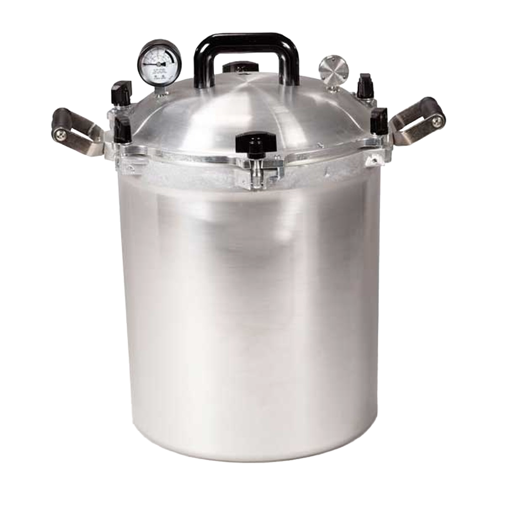 Stainless steel pressure canner with secure locking lid, pressure gauge, and durable handles, handcrafted in USA, ideal for Kitchen & Food, Food Preservation, and Canning collections.