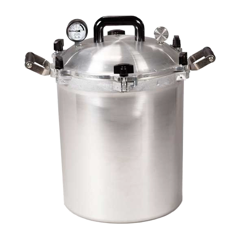 Stainless steel pressure canner with secure locking lid, pressure gauge, and durable handles, handcrafted in USA, ideal for Kitchen & Food, Food Preservation, and Canning collections.