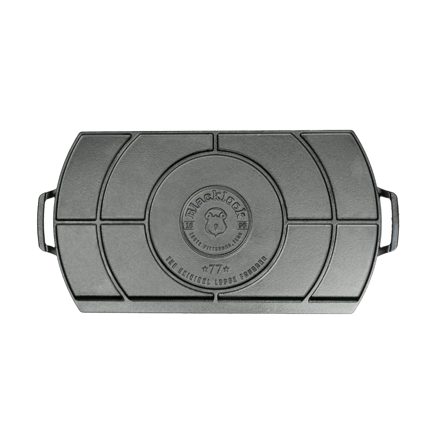 Lodge Blacklock cast iron double burner griddle with raised grooves and side handles, handcrafted and made in USA, ideal for Kitchen & Food, Cookware, and Cast Iron collections.