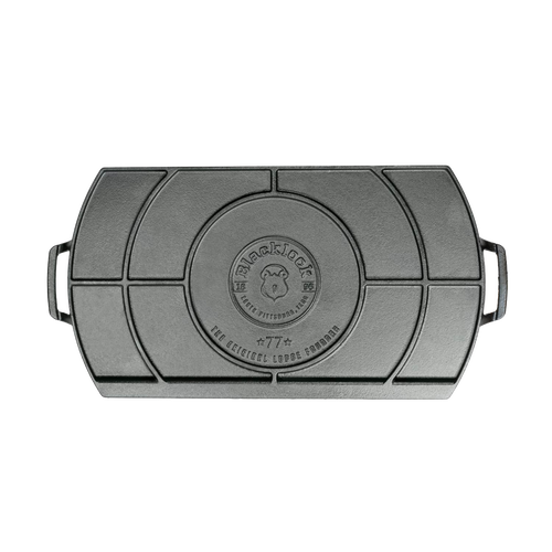 Lodge Blacklock cast iron double burner griddle with raised grooves and side handles, handcrafted and made in USA, ideal for Kitchen & Food, Cookware, and Cast Iron collections.