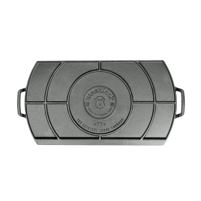 Lodge Blacklock cast iron double burner griddle with raised grooves and side handles, handcrafted and made in USA, ideal for Kitchen & Food, Cookware, and Cast Iron collections.
