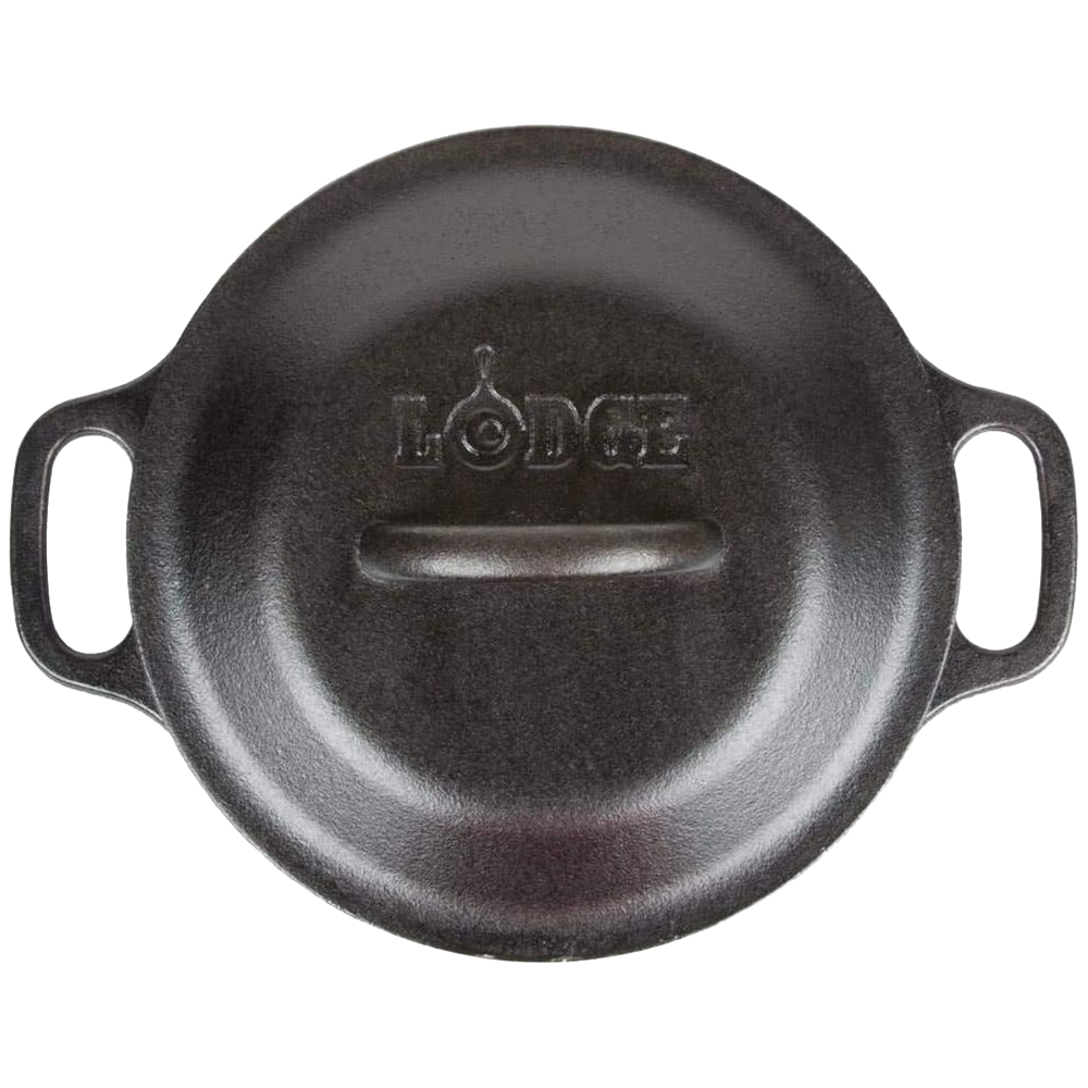 Heavy-duty cast iron Dutch oven lid embossed with brand name, featuring sturdy handle for secure grip, handcrafted for longevity in Kitchen & Food, Cookware, Cast Iron, USA Made collections.