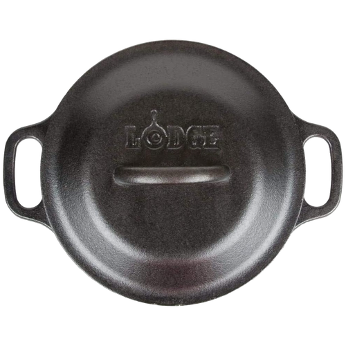 Heavy-duty cast iron Dutch oven lid embossed with brand name, featuring sturdy handle for secure grip, handcrafted for longevity in Kitchen & Food, Cookware, Cast Iron, USA Made collections.