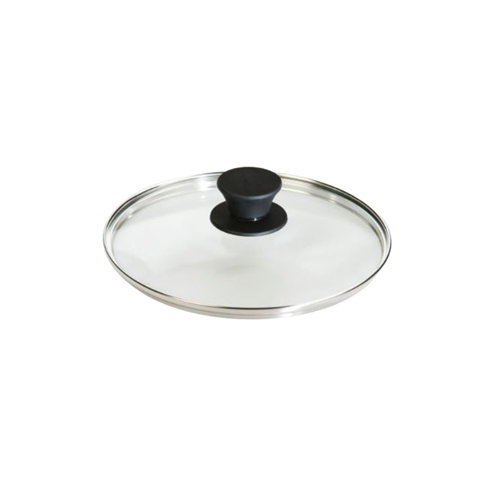 Round clear tempered glass lid with stainless steel rim and black knob handle, compatible with cookware, suitable for Kitchen & Food, Cast Iron, Cookware, Pots and Pans, Best Sellers, and Promo Eligible collections.