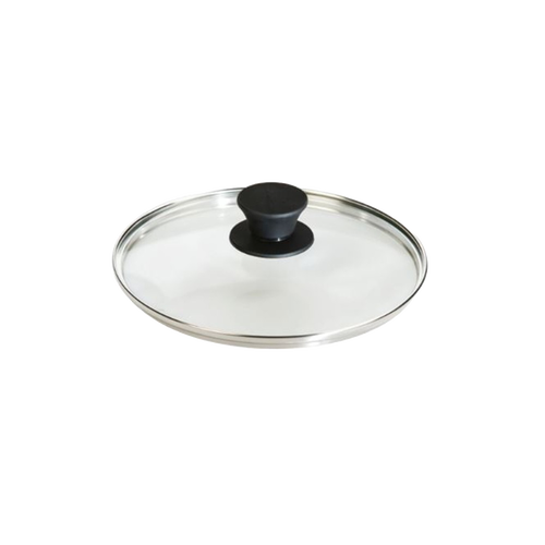 Round clear tempered glass lid with stainless steel rim and black knob handle, compatible with cookware, suitable for Kitchen & Food, Cast Iron, Cookware, Pots and Pans, Best Sellers, and Promo Eligible collections.