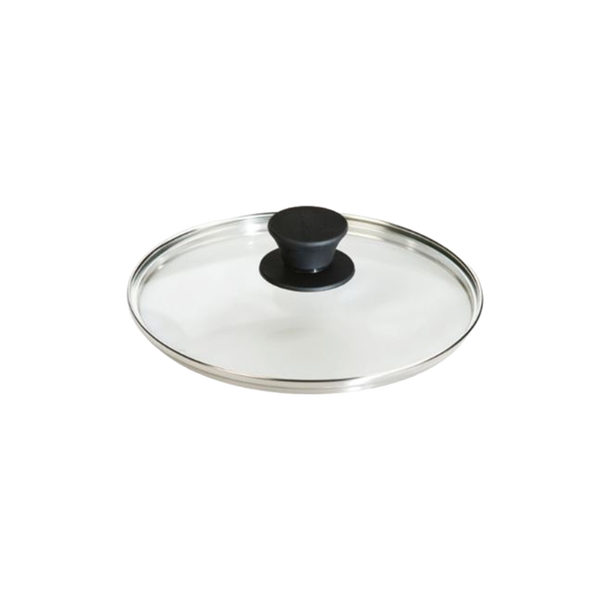 Round clear tempered glass lid with stainless steel rim and black knob handle, compatible with cookware, suitable for Kitchen & Food, Cast Iron, Cookware, Pots and Pans, Best Sellers, and Promo Eligible collections.