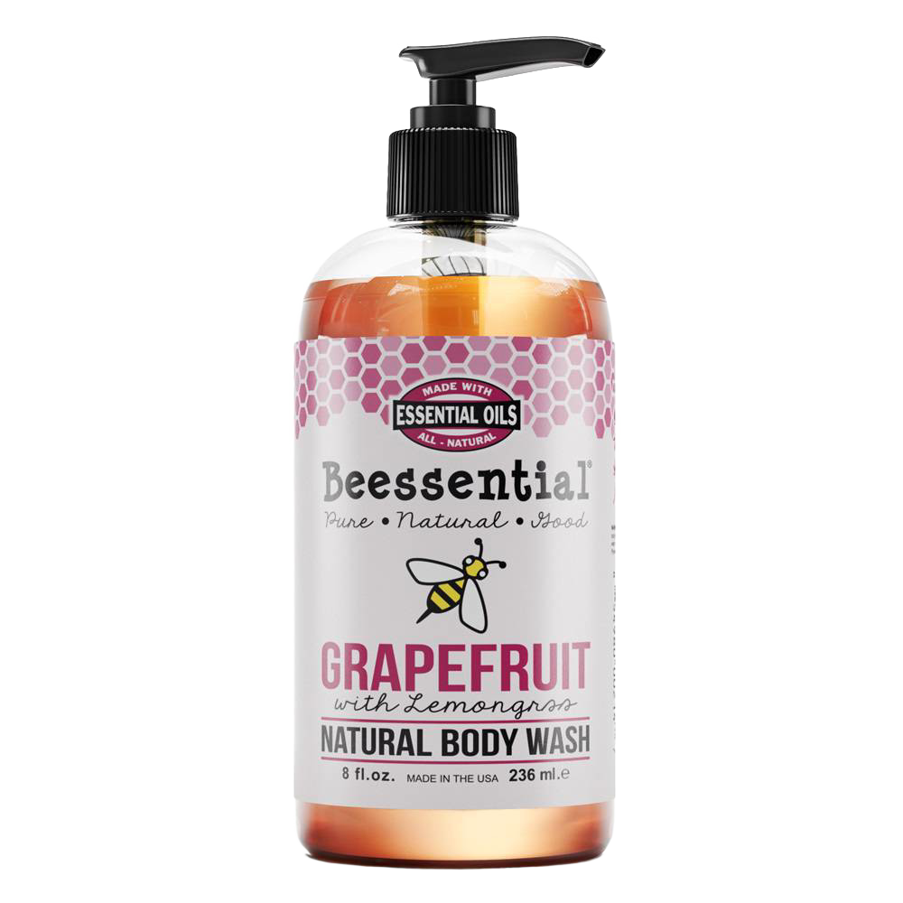 Clear pump bottle of natural grapefruit and lemongrass body wash made with essential oils, preservative and sulfate free, handcrafted and USA made, featured in Health & Wellness and Soaps collections.