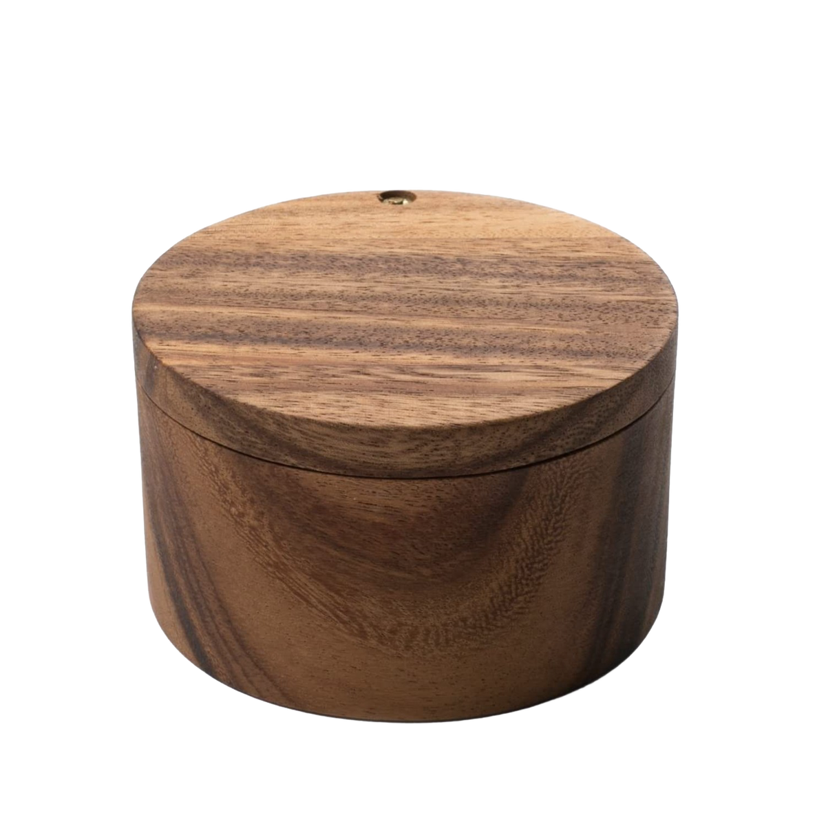 Handcrafted wooden salt cellar made of rich acacia wood with a smooth swivel lid, designed for Kitchen & Food, Storage and Serving, Best Sellers, and Promo Eligible collections.