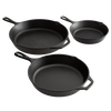 Three pre-seasoned black cast iron skillets of varying sizes with sturdy handles, crafted for superior heat retention, featured in Kitchen & Food, Cast Iron, and Best Sellers collections.