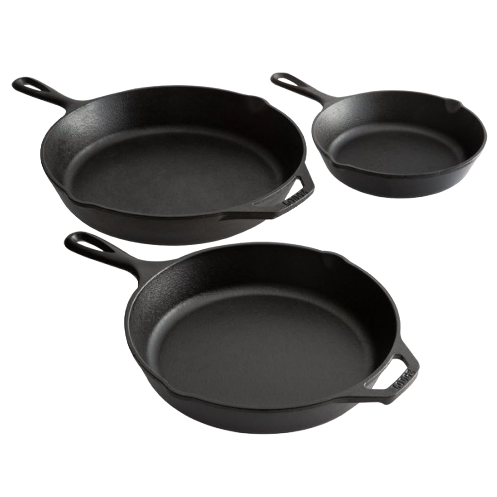 Three pre-seasoned black cast iron skillets of varying sizes with sturdy handles, crafted for superior heat retention, featured in Kitchen & Food, Cast Iron, and Best Sellers collections.