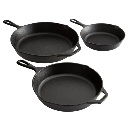 Three pre-seasoned black cast iron skillets of varying sizes with sturdy handles, crafted for superior heat retention, featured in Kitchen & Food, Cast Iron, and Best Sellers collections.