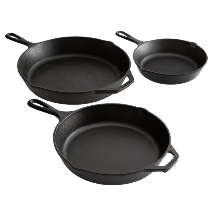 Three pre-seasoned black cast iron skillets of varying sizes with sturdy handles, crafted for superior heat retention, featured in Kitchen & Food, Cast Iron, and Best Sellers collections.