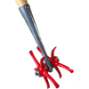 Close-up view of a hand tool featuring sturdy red curved planting tines attached to a metal arm with a wooden handle, designed for effective soil cultivation in farm, garden, and tool collections.