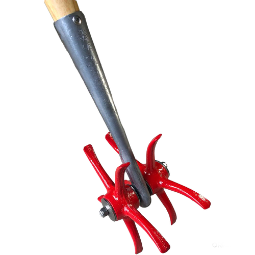 Close-up view of a hand tool featuring sturdy red curved planting tines attached to a metal arm with a wooden handle, designed for effective soil cultivation in farm, garden, and tool collections.