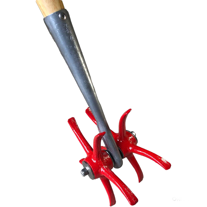 Close-up view of a hand tool featuring sturdy red curved planting tines attached to a metal arm with a wooden handle, designed for effective soil cultivation in farm, garden, and tool collections.