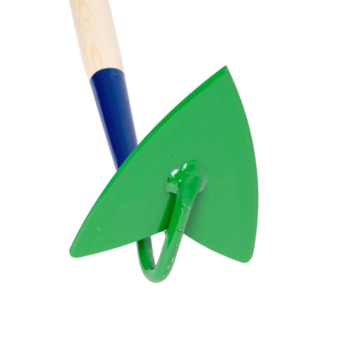 Handcrafted furrowing garden hoe with a sharp green arrowhead blade and durable wooden handle, made in USA, ideal for Farm, Garden & Tool and Digging and Cultivating collections.