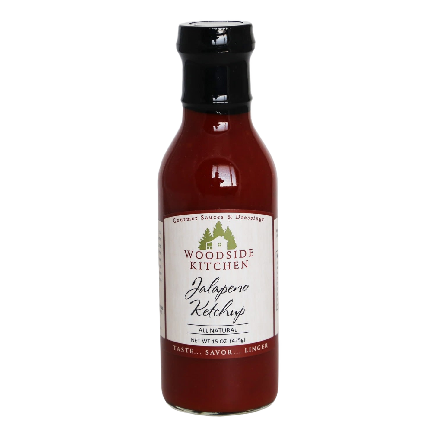 Glass bottle of handcrafted all-natural jalapeno ketchup with black cap, made in USA, perfect for Kitchen & Food, Food, Pantry, USA Made, Best Sellers, and Promo Eligible collections.