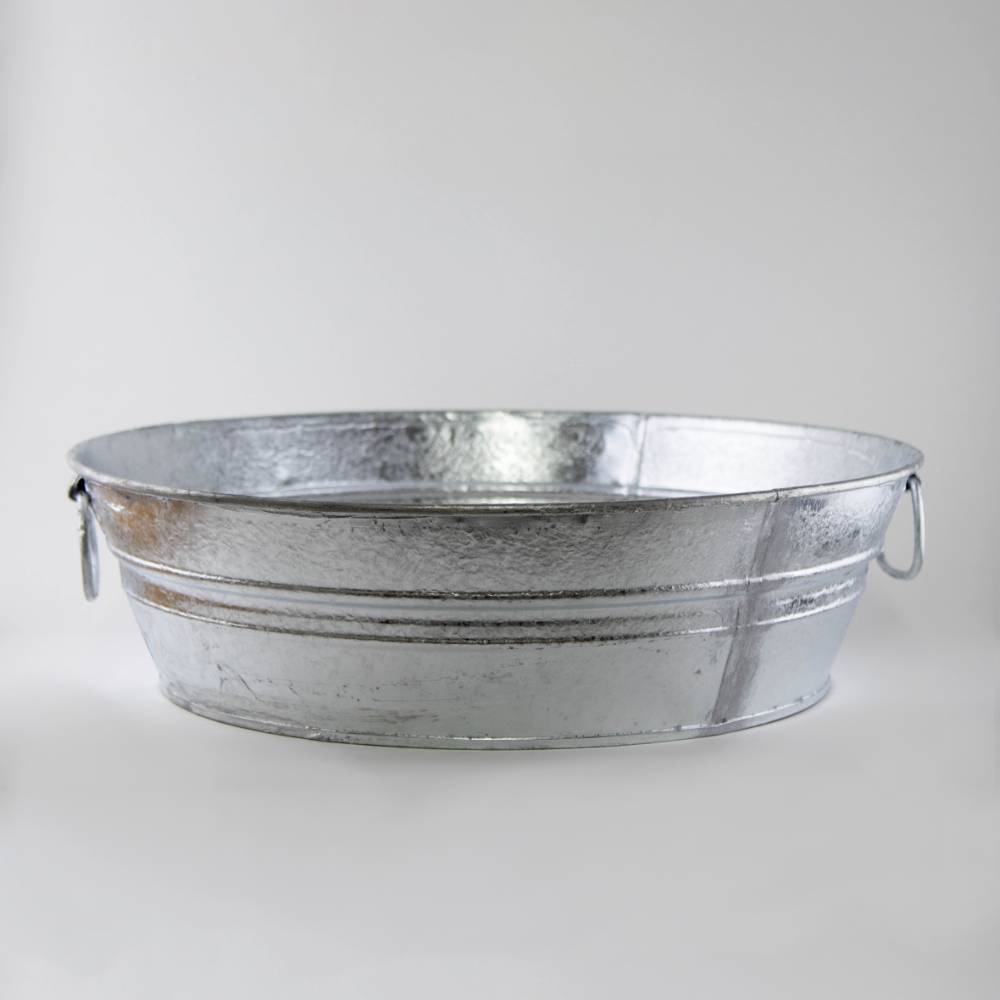 Durable handcrafted low flat steel tub with watertight construction and sturdy wire handles, suitable for indoor and outdoor use in Home & Decor, Farm, Garden & Tool, and Animal Care collections.