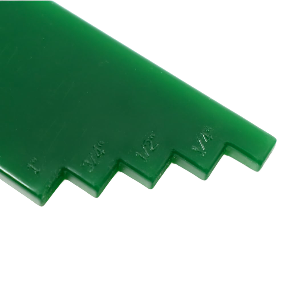 Green canning bubble popper with stepped edge measuring 1/4, 1/2, 3/4, and 1 inch gaps, handcrafted for Kitchen & Food, Food Preservation, and Canning Accessories collections.