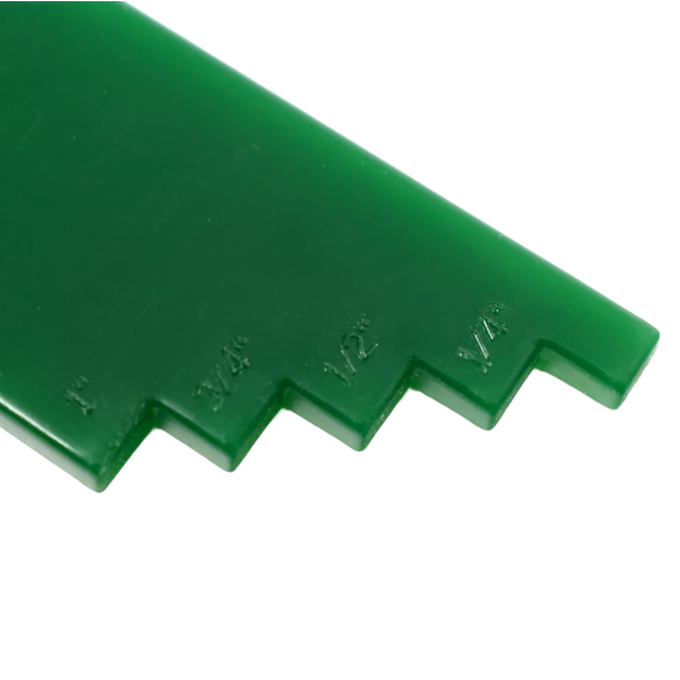 Green canning bubble popper with stepped edge measuring 1/4, 1/2, 3/4, and 1 inch gaps, handcrafted for Kitchen & Food, Food Preservation, and Canning Accessories collections.