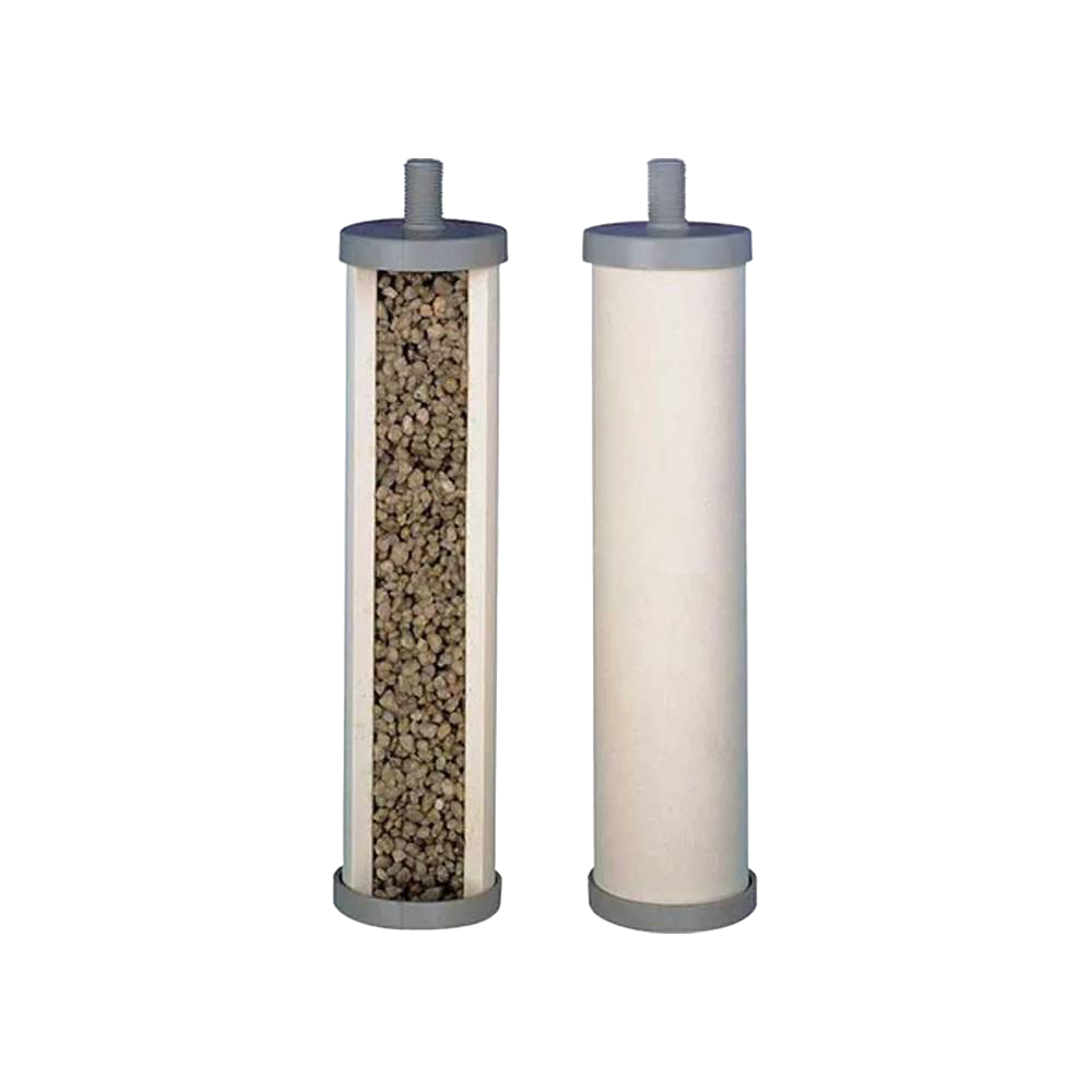 Two cylindrical replacement water filter elements for tabletop use, one showing granular filtration media inside, suitable for emergency supplies and water treatment appliances.