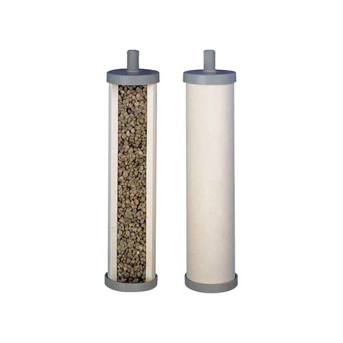 Two cylindrical replacement water filter elements for tabletop use, one showing granular filtration media inside, suitable for emergency supplies and water treatment appliances.