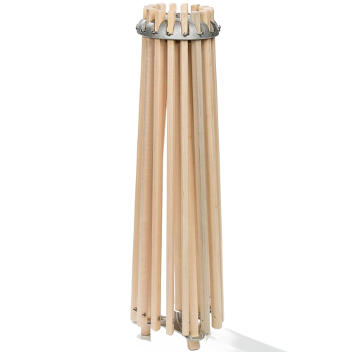 Handcrafted 16-arm wooden floor dryer in compact closed position, featuring smoothly sanded wood and stainless steel hardware, part of Home & Decor, Laundry Supplies, and USA Made collections.