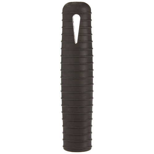 Black silicone hot handle holder designed to fit snugly over steel skillet handles, protecting hands from heat up to 500°F, dishwasher safe, ideal for kitchen gadgets and cooking helpers.