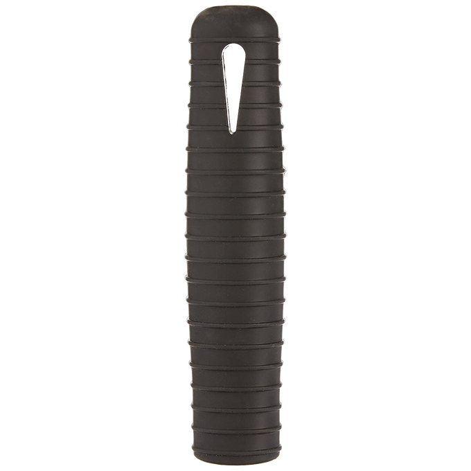 Black silicone hot handle holder designed to fit snugly over steel skillet handles, protecting hands from heat up to 500°F, dishwasher safe, ideal for kitchen gadgets and cooking helpers.