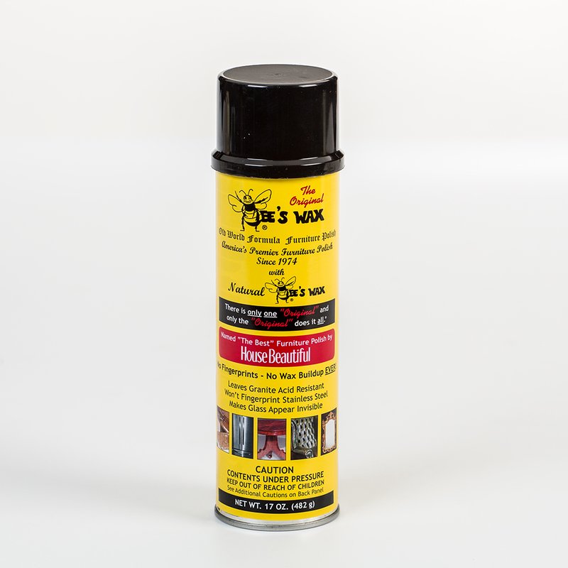 Tall yellow can of Bee's Wax furniture polish with a black cap, featuring vintage-style labeling and claims of no wax buildup, part of Home & Decor, Household Cleaning, and USA Made collections.