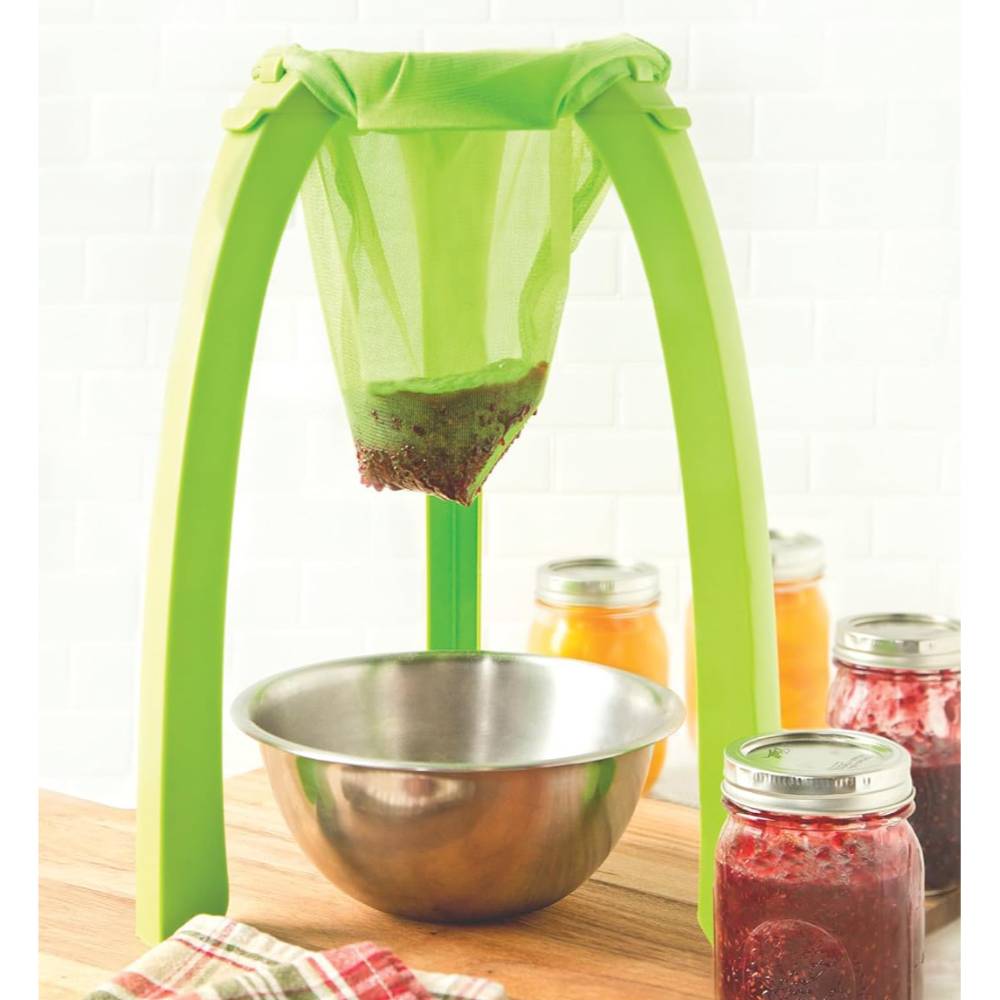 Green jelly strainer with elastic band holding mesh bag above stainless steel bowl, designed for tidy food preservation and canning in kitchen gadgets and best sellers collections.