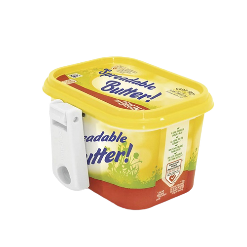 Bright yellow rectangular butter tub with a white foldable attachable knife clipped to the side for convenient spreading, featured in Kitchen & Food, Kitchen Gadgets, and Promo Eligible collections.