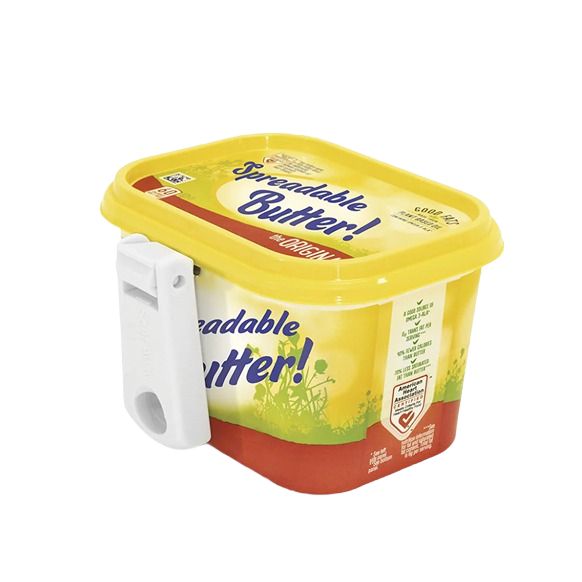 Bright yellow rectangular butter tub with a white foldable attachable knife clipped to the side for convenient spreading, featured in Kitchen & Food, Kitchen Gadgets, and Promo Eligible collections.